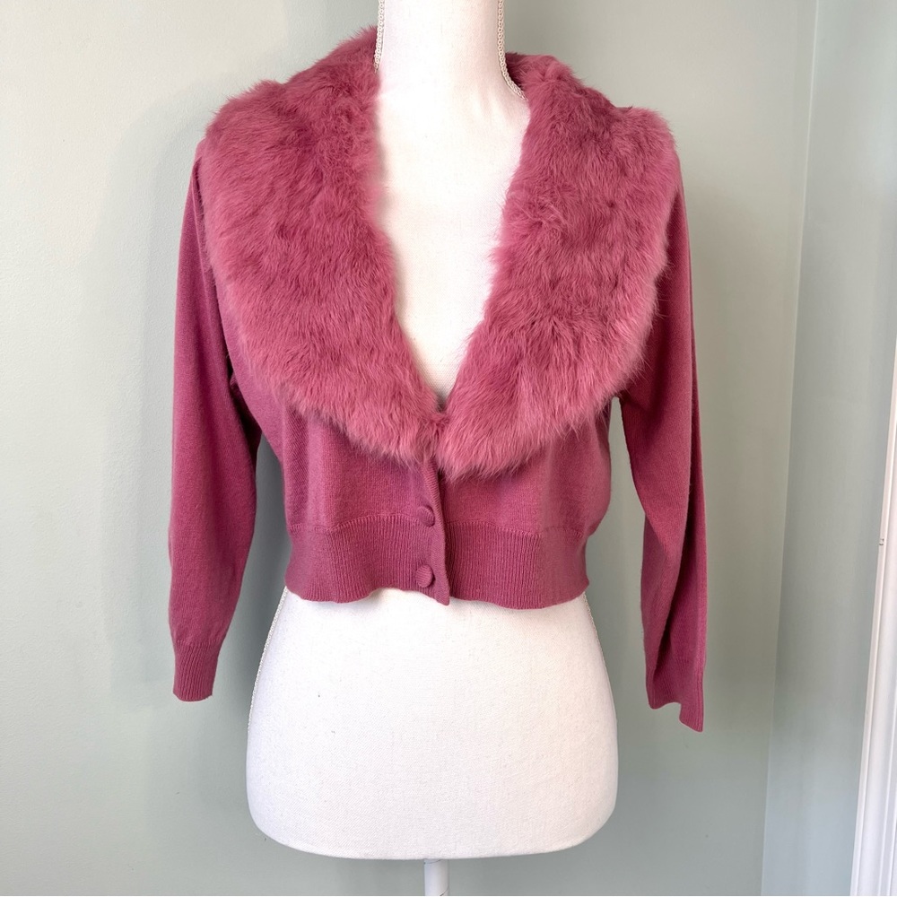 Anthropologie Tapemeasure Pink Fur Trimmed Cardigan